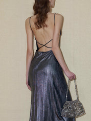 PROD 2024 Pre-spring Silver Metallic V-Neck Backless Dress