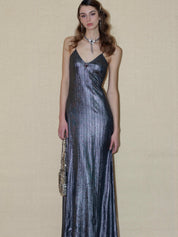 PROD 2024 Pre-spring Silver Metallic V-Neck Backless Dress