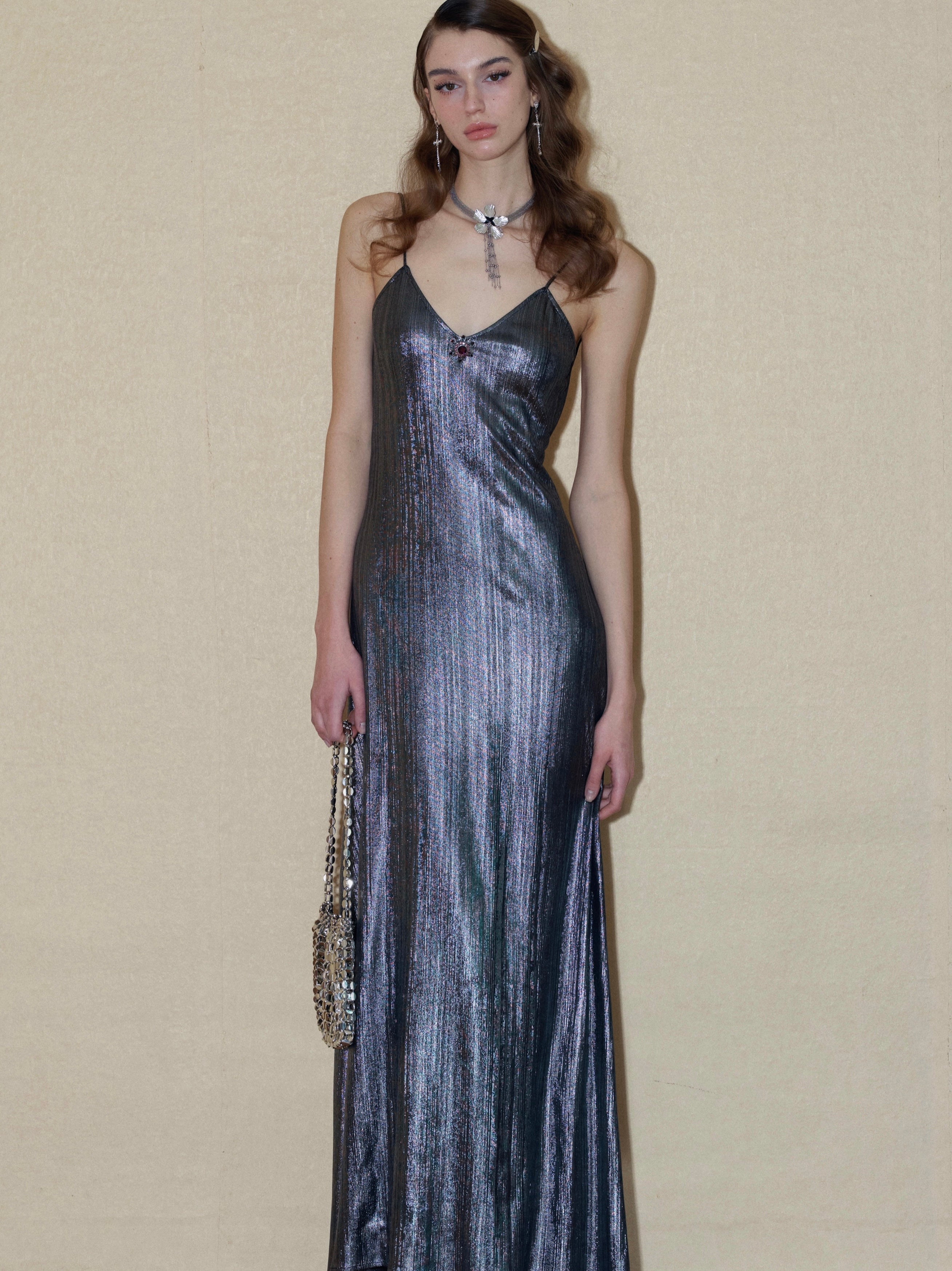 PROD 2024 Pre-spring Silver Metallic V-Neck Backless Dress
