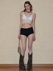 PROD 2024 Pre-spring Two Pieces Set Sheer Tulle Lace-up Tops