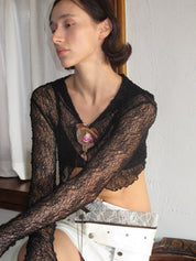 PROD 2024 Pre-spring XS / Black（Without Orchid 3pc Set） / In-stock Lace Hollow Out Hole Knitted hooded cardigan