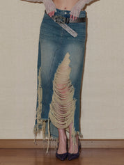 PROD 2024 Pre-spring XS / Blue / Pre-order（5-7days） Ripped Denim Midi Skirt