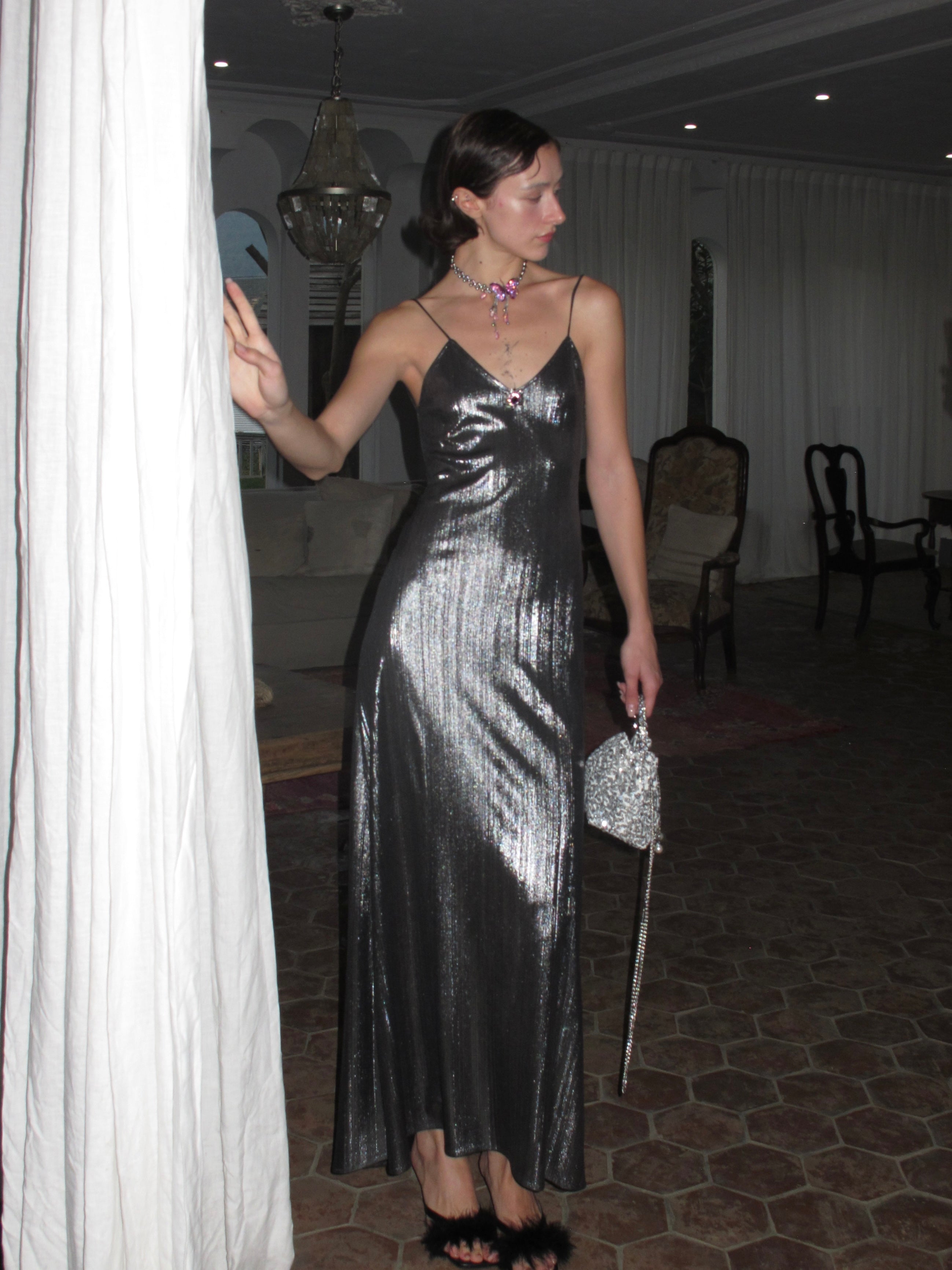 PROD 2024 Pre-spring XS / Dark silver gray / In-stock Silver Metallic V-Neck Backless Dress