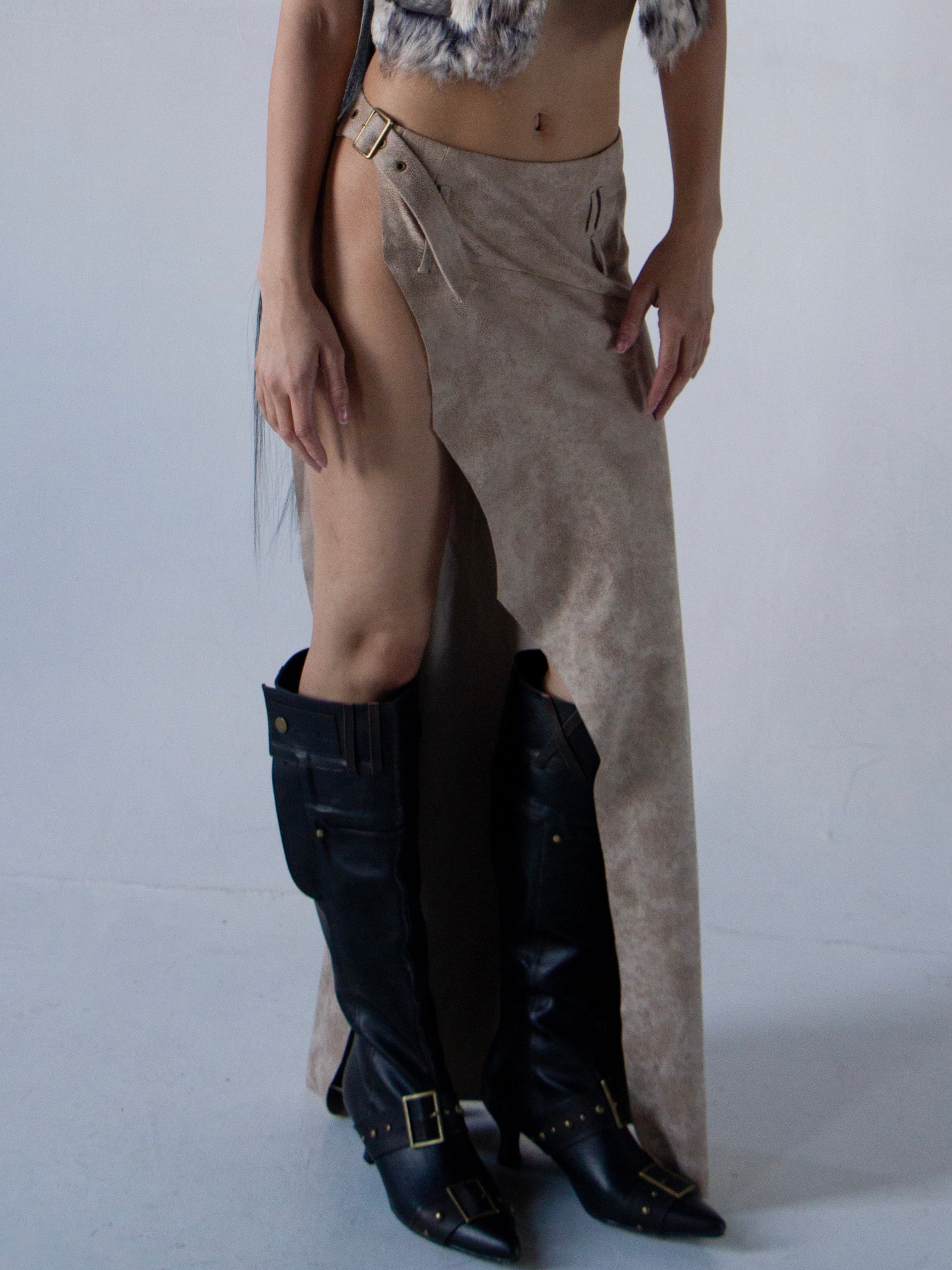 PROD 2025-1 Beige / One-size (XS-M) / In-stock Faux Leather Overlay Midi Skirt