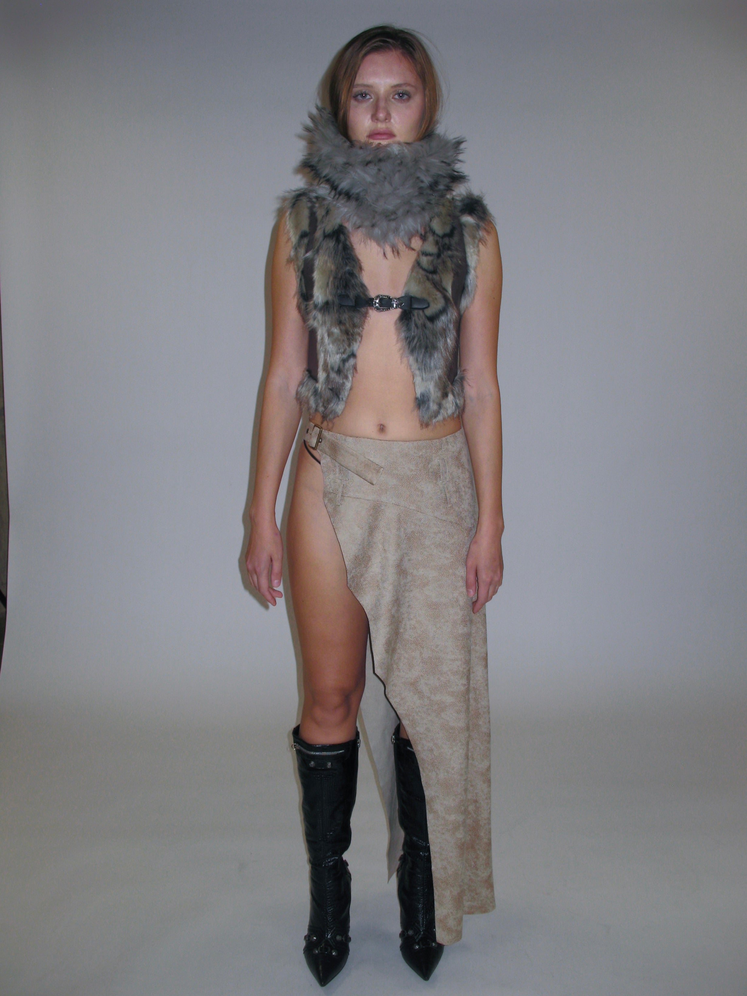  In-stock Faux Leather Overlay Midi Skirt