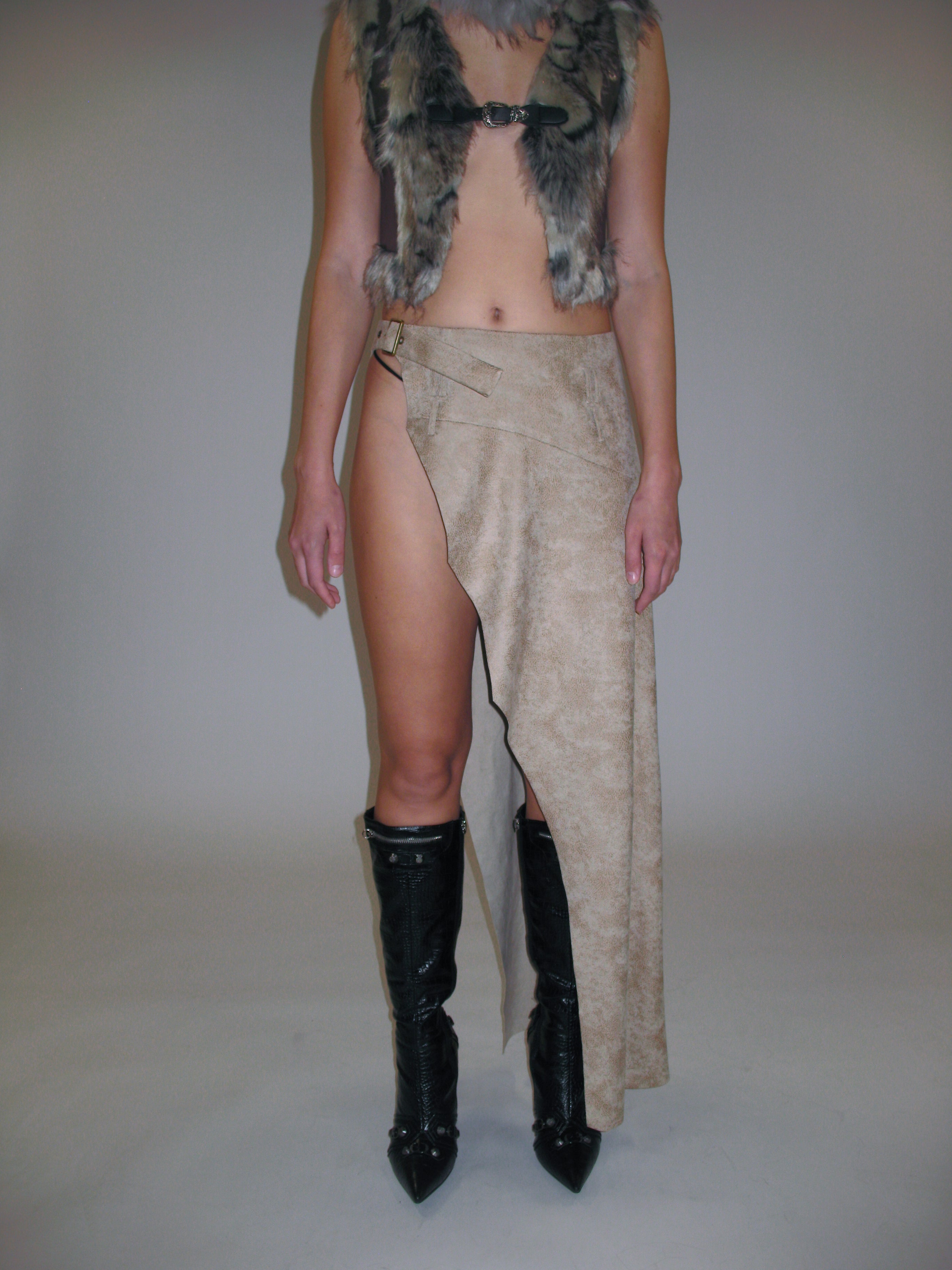 PROD 2025-1 Beige / One-size (XS-M) / In-stock Faux Leather Overlay Midi Skirt