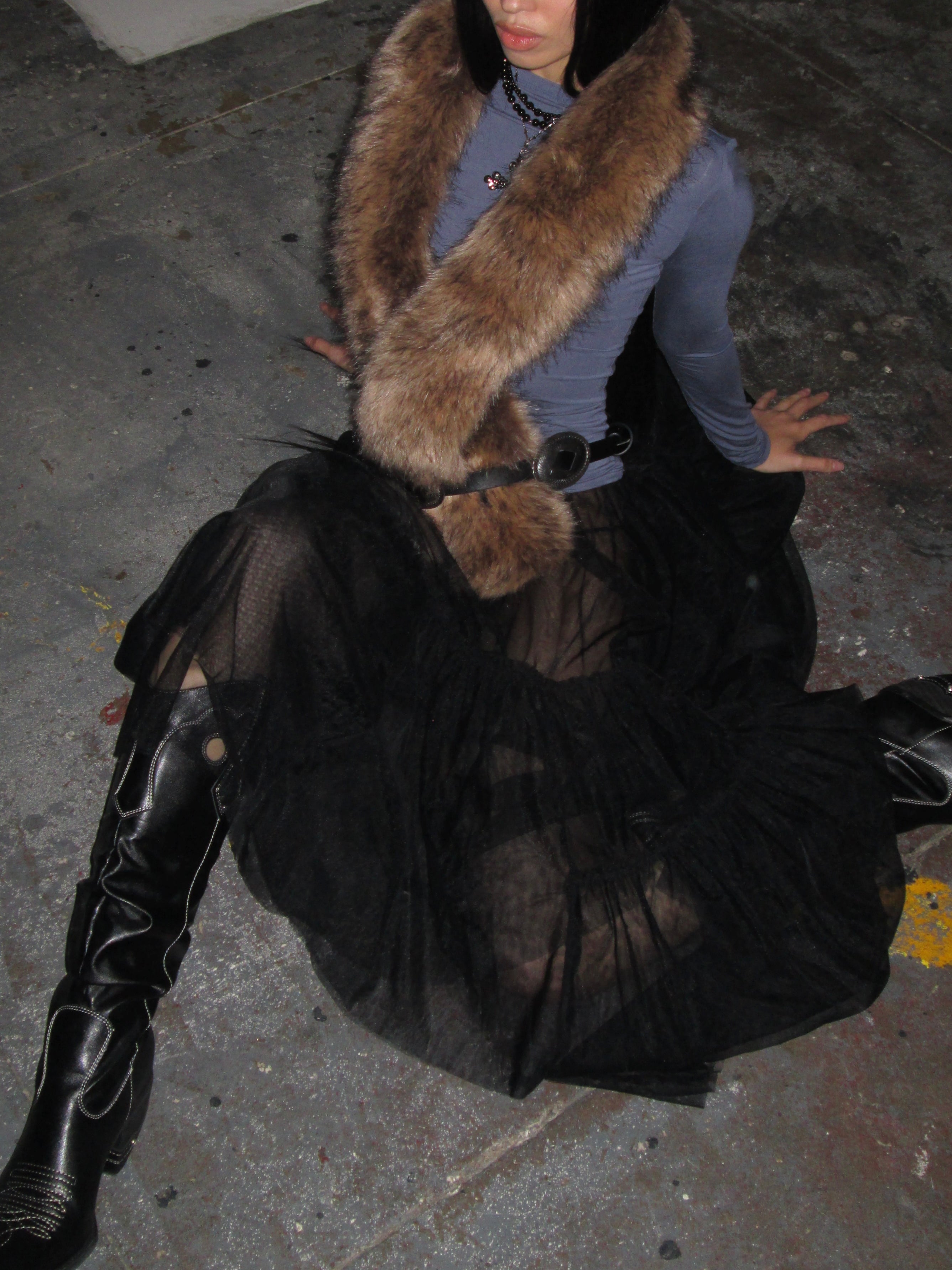 PROD 2025-1 Black / XS / In-stock Sheer Pleated Tulle Midi Skirt