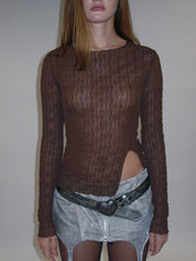 PROD 2025-1 Coffee / XS / In-stock French Jewel Neck Mesh Long Sleeve/ Coffee