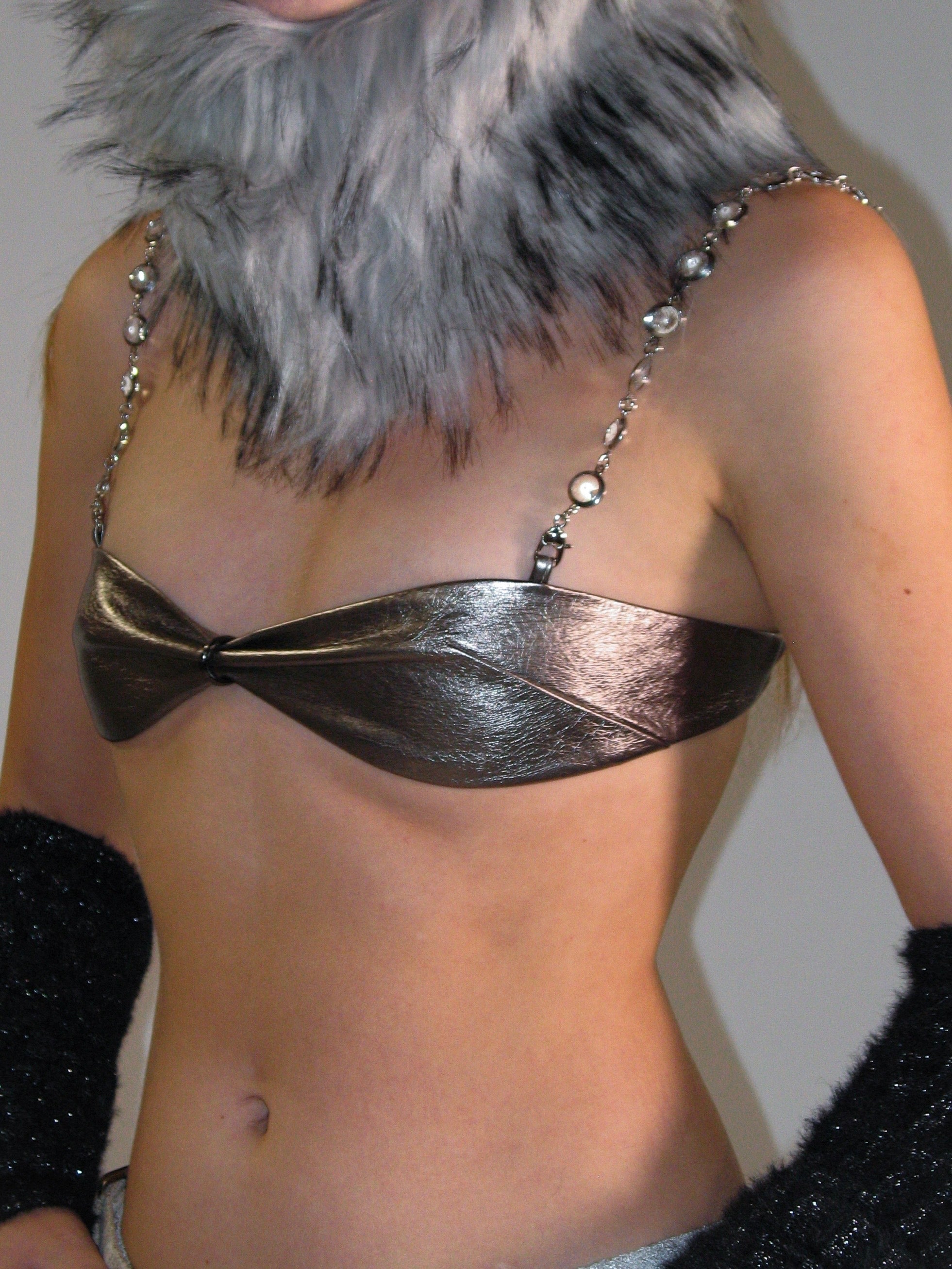 PROD 2025-1 Faux Leather Chain Bra Top/ Silver