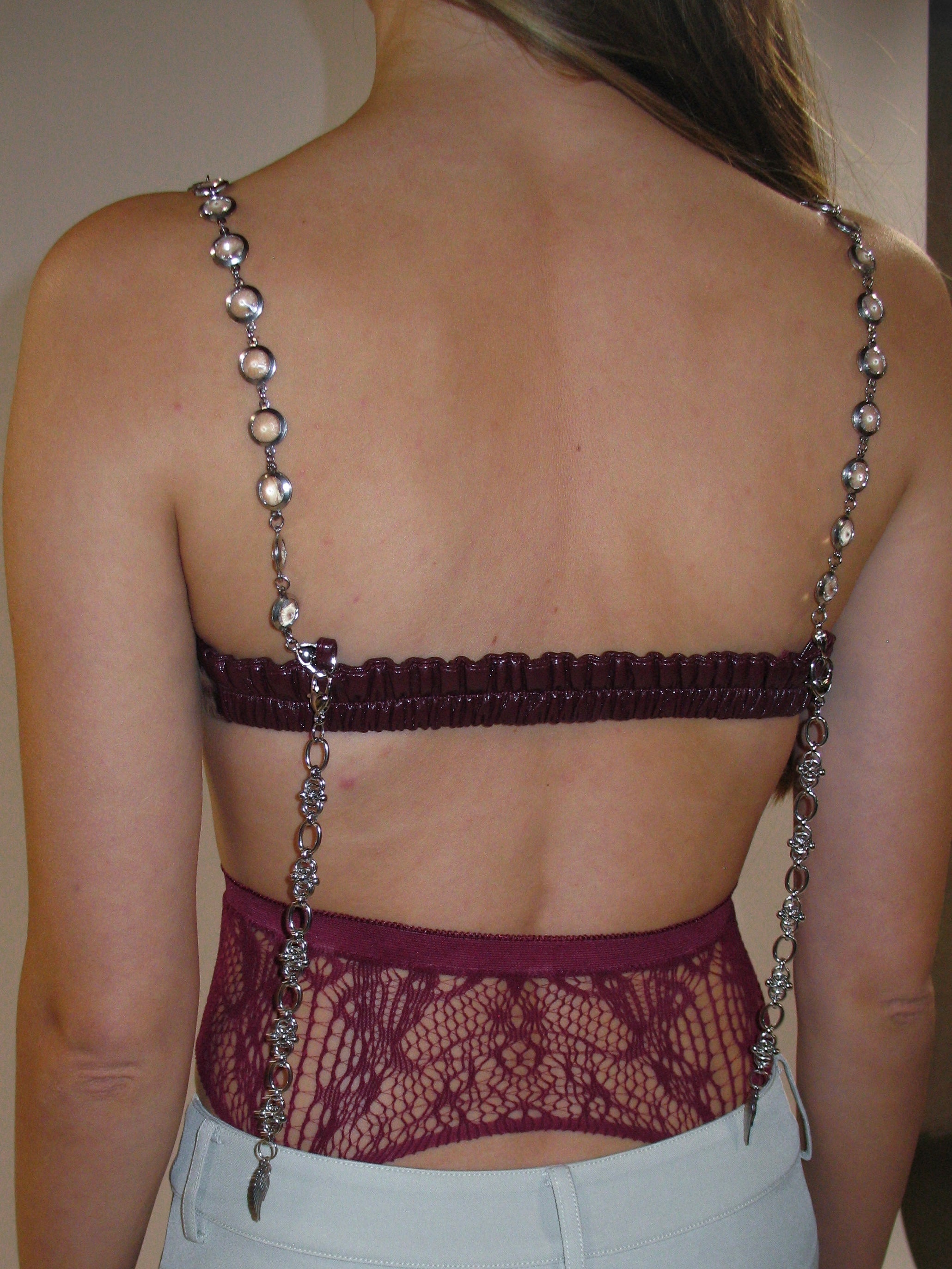 PROD 2025-1 Faux Leather Chain Bra Top/ Wine Red