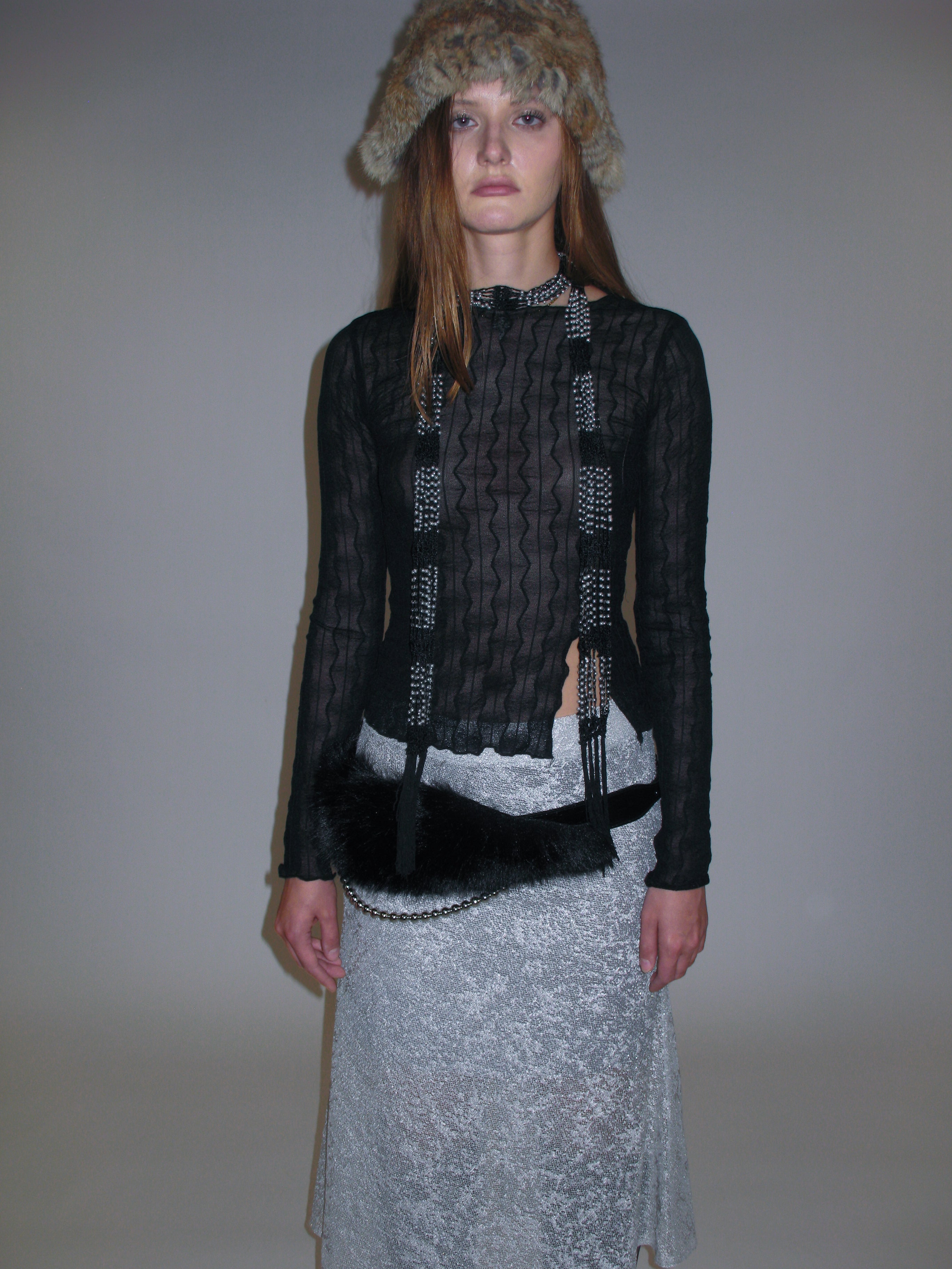 PROD 2025-1 French Jewel Neck Mesh Long Sleeve/ Black