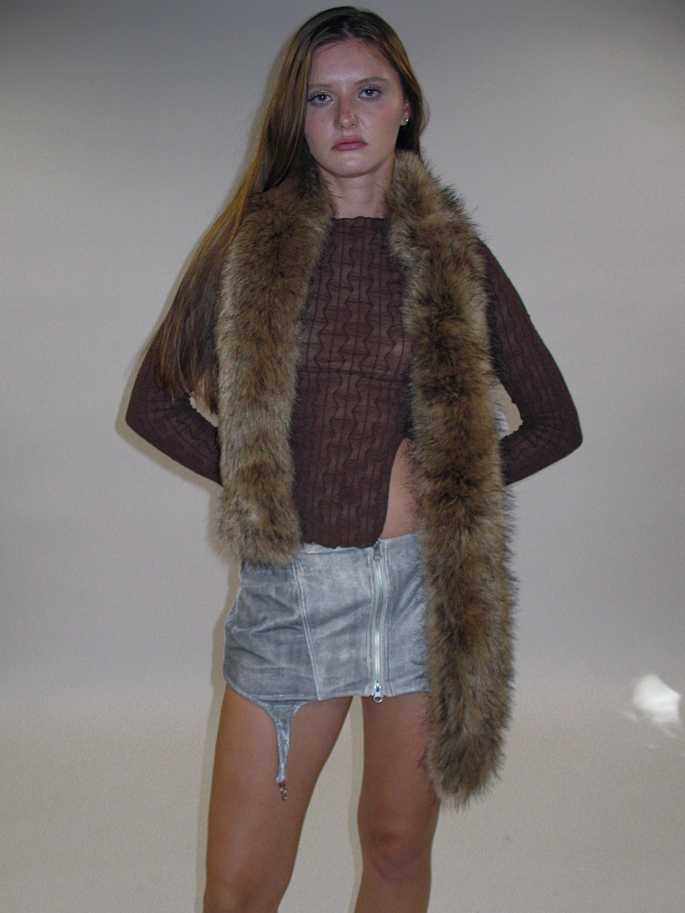 PROD 2025-1 French Jewel Neck Mesh Long Sleeve/ Coffee