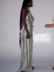 PROD 2025-1 Light Green / XS / In-stock Satin Frill Strap Split Gown/ Light Green