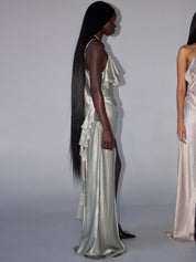 PROD 2025-1 Satin Frill Strap Split Gown/ Light Green