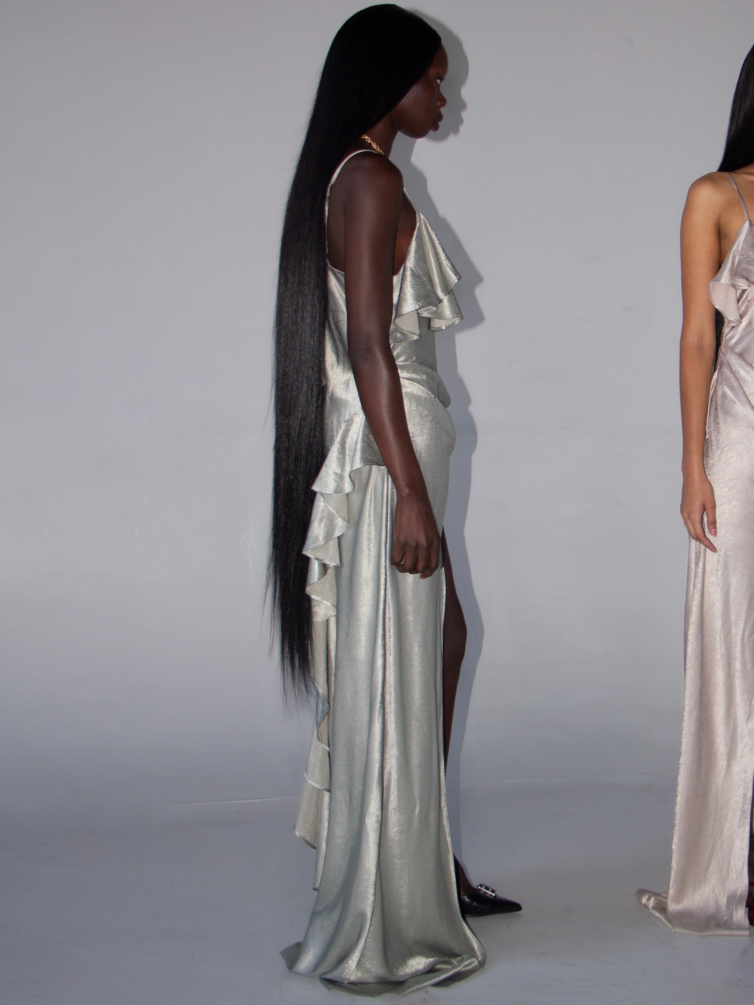 PROD 2025-1 Satin Frill Strap Split Gown/ Light Green