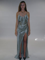 PROD 2025-1 Satin Frill Strap Split Gown/ Light Green