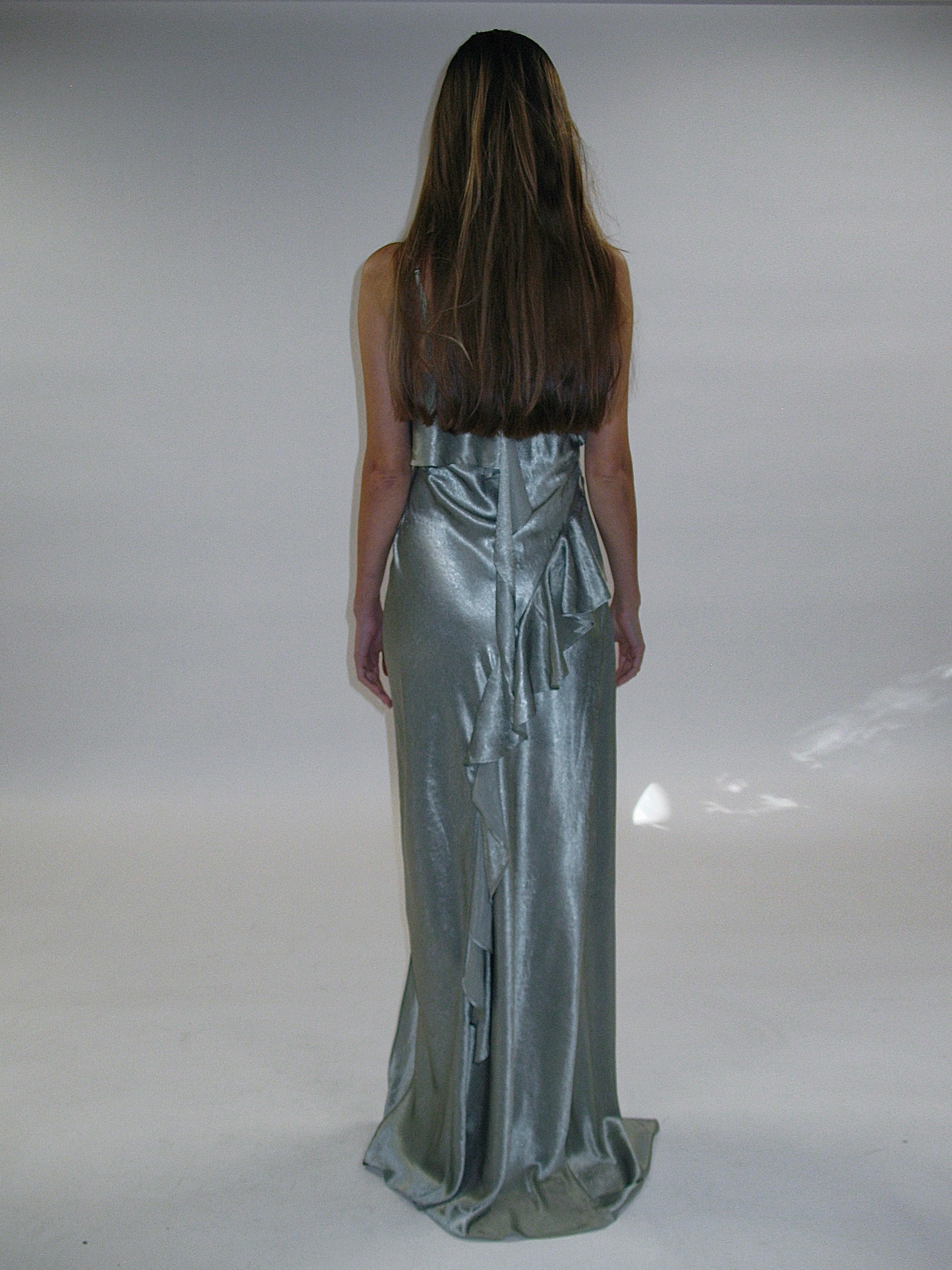 PROD 2025-1 Satin Frill Strap Split Gown/ Light Green