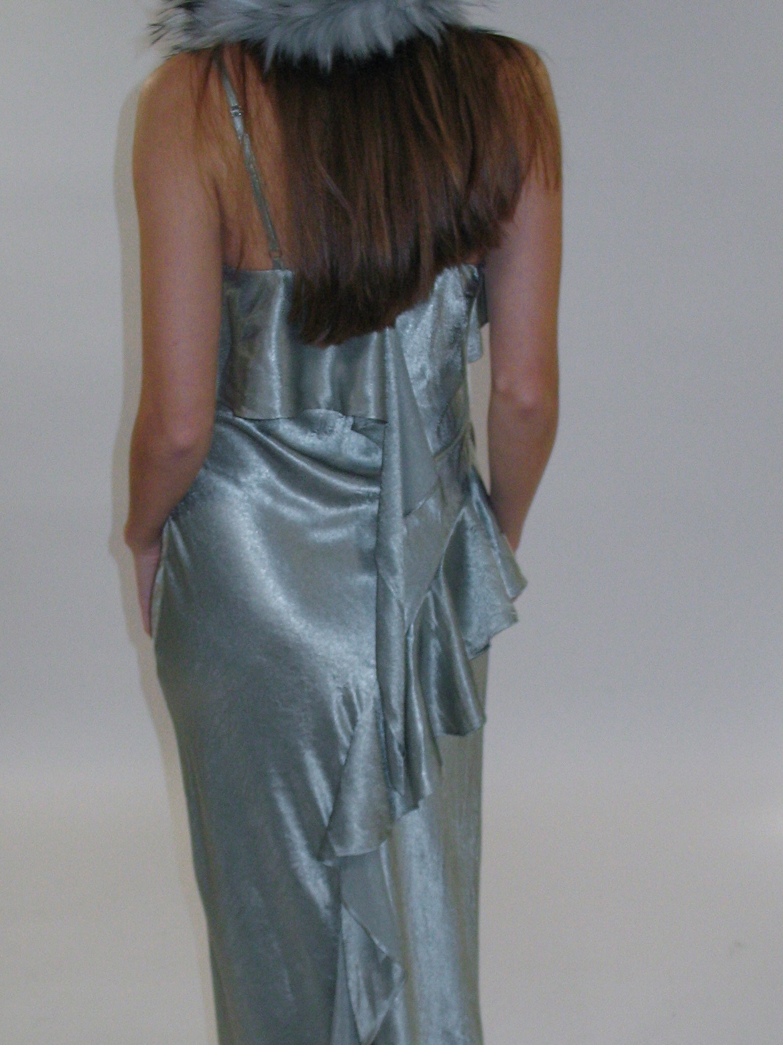 PROD 2025-1 Satin Frill Strap Split Gown/ Light Green