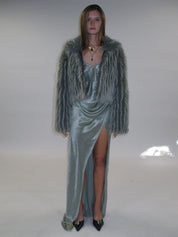 PROD 2025-1 Satin Frill Strap Split Gown/ Light Green