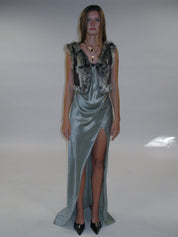 PROD 2025-1 Satin Frill Strap Split Gown/ Light Green