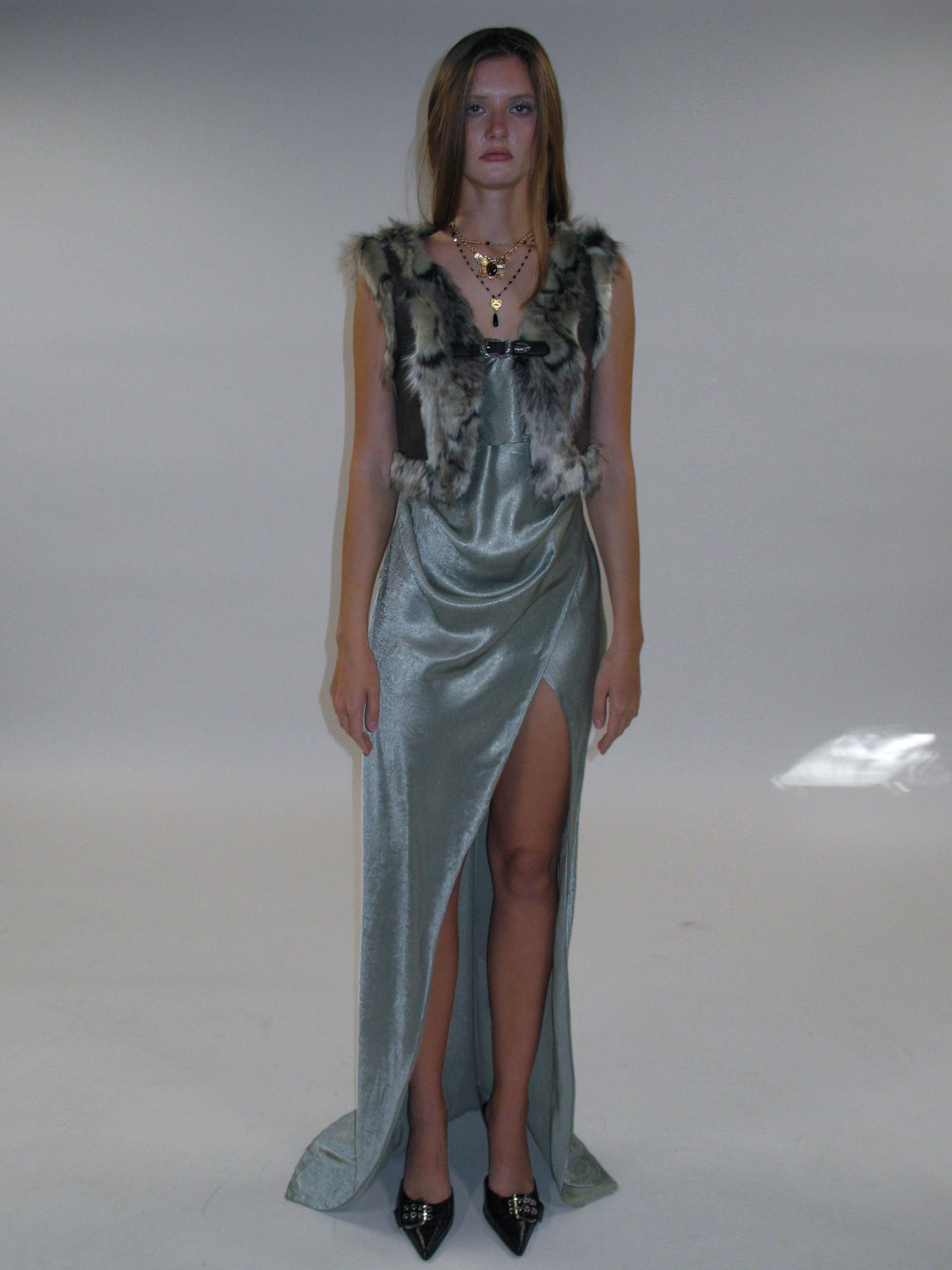 PROD 2025-1 Satin Frill Strap Split Gown/ Light Green