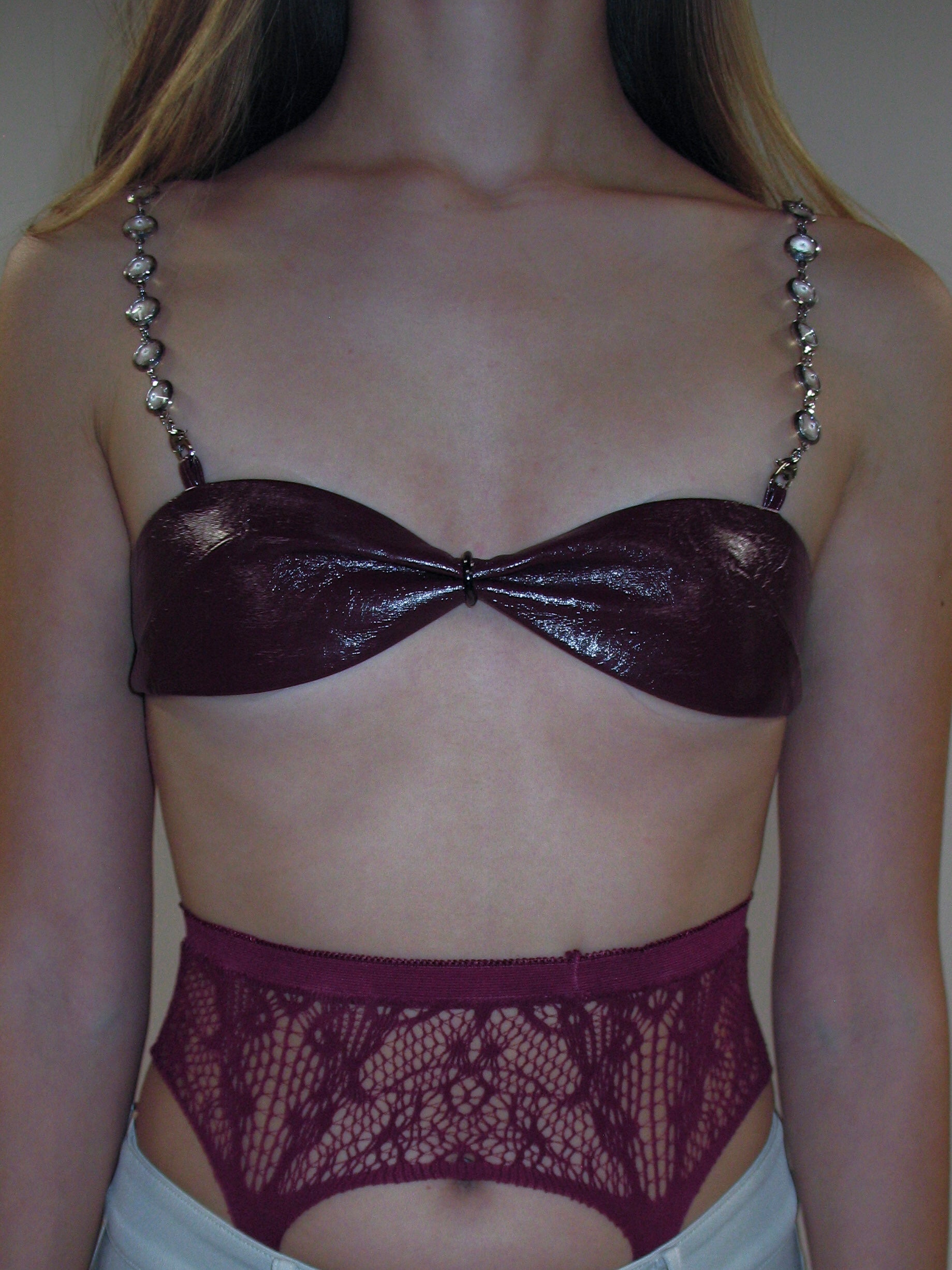 PROD 2025-1 Wine Bra / 1 (XS-S) / In-stock Faux Leather Chain Bra Top/ Wine Red