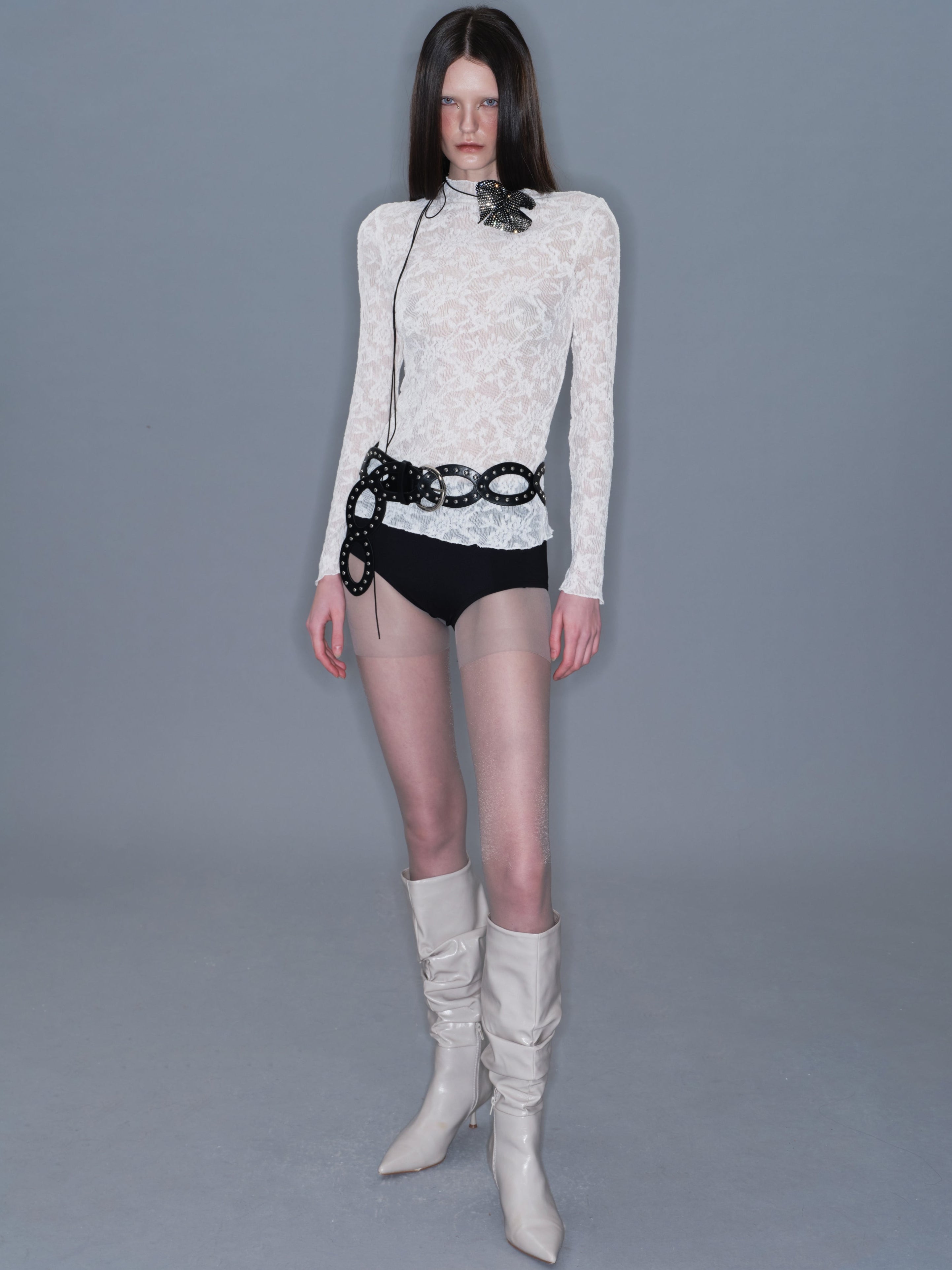  In-stock Lace Mesh Mock Neck Top