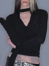 PROD 2025-2 Black / S / In-stock Draped Halter Tie-Neck Long Sleeve Top