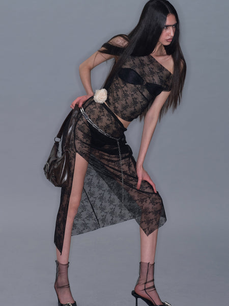 Mesh Side Slit Lace Dress/ Black – PROD