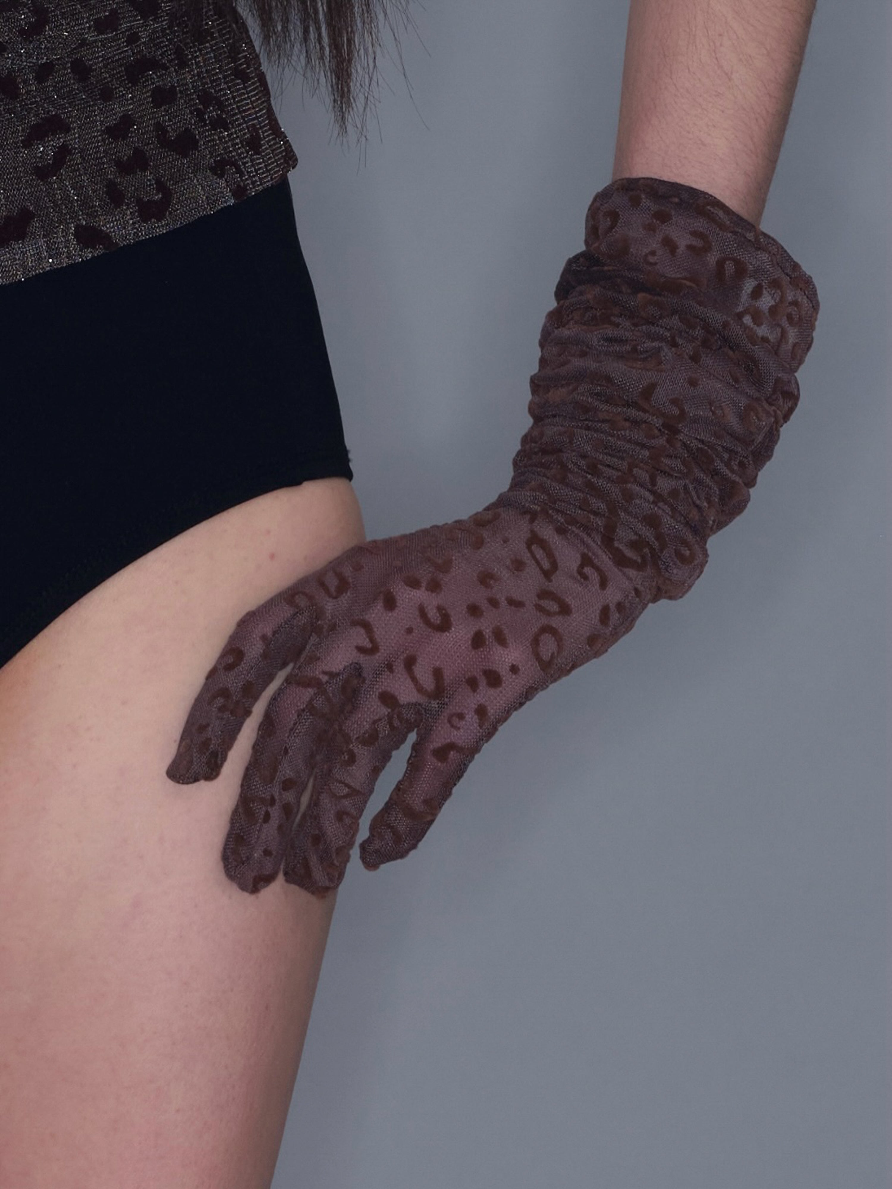 PROD 2025-2 Coffee / One size / In-stock Long Mesh Leopard Print Gloves