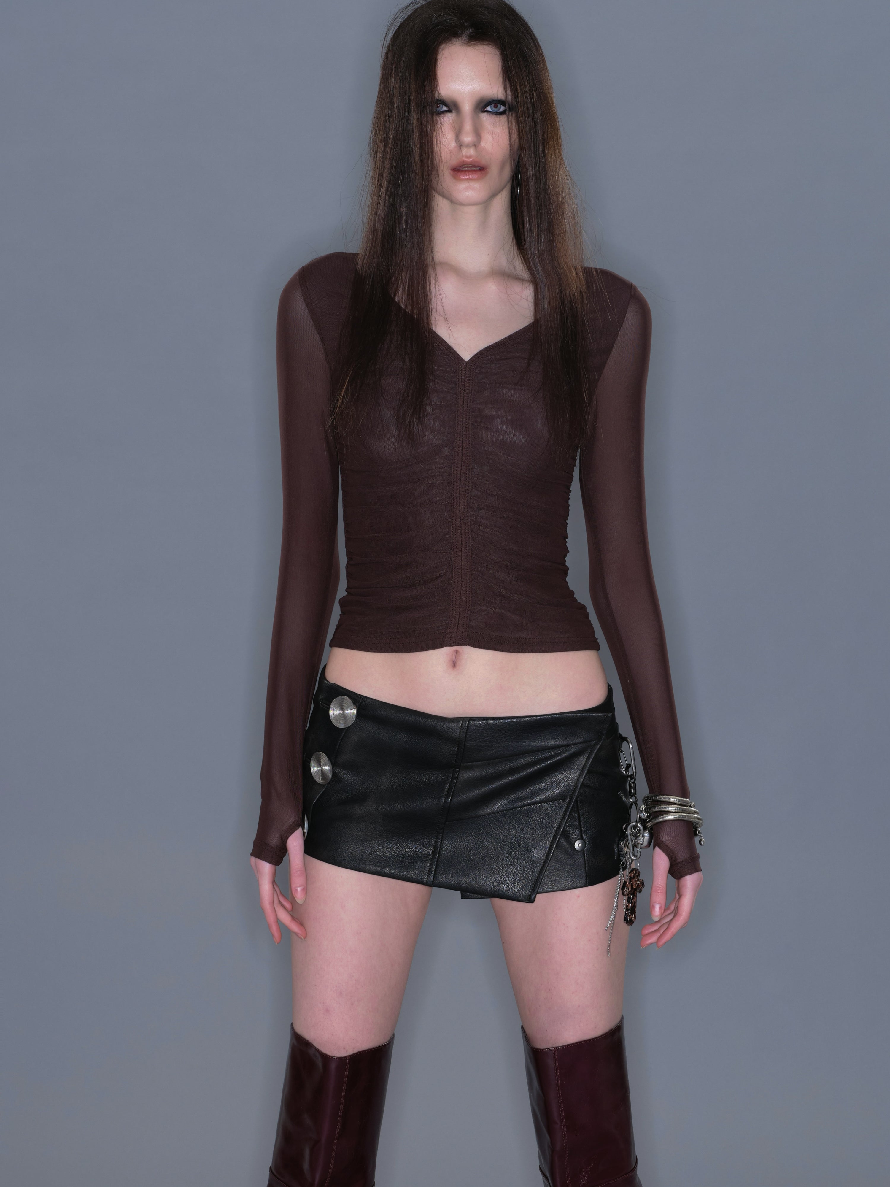 PROD 2025-2 Coffee / XS / Pre-order20%Off (7-14days) Sheer Ruched Mesh V-Neck Long-sleeve/ Coffee