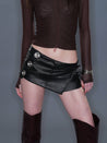 PROD 2025-2 Dark Coffee / XS / In-stock Metal Button Faux Leather Mini Skirt/ Dark Coffee