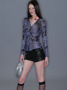 PROD 2025-2 Dark purple / S / In-stock Printed Mesh Ruched Waist Long-sleeve