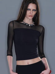 PROD 2025-2 Fitted Mesh Crew Neck Long Sleeve Top/ Black