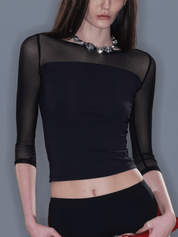 PROD 2025-2 Fitted Mesh Crew Neck Long Sleeve Top/ Black