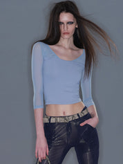 PROD 2025-2 Gray-blue / XS / In-stock Fitted Mesh Crew Neck Long Sleeve Top/ Gray-blue