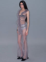 PROD 2025-2 Mesh Ruffle Sleeveless Cardigan Tank Top/ Gray