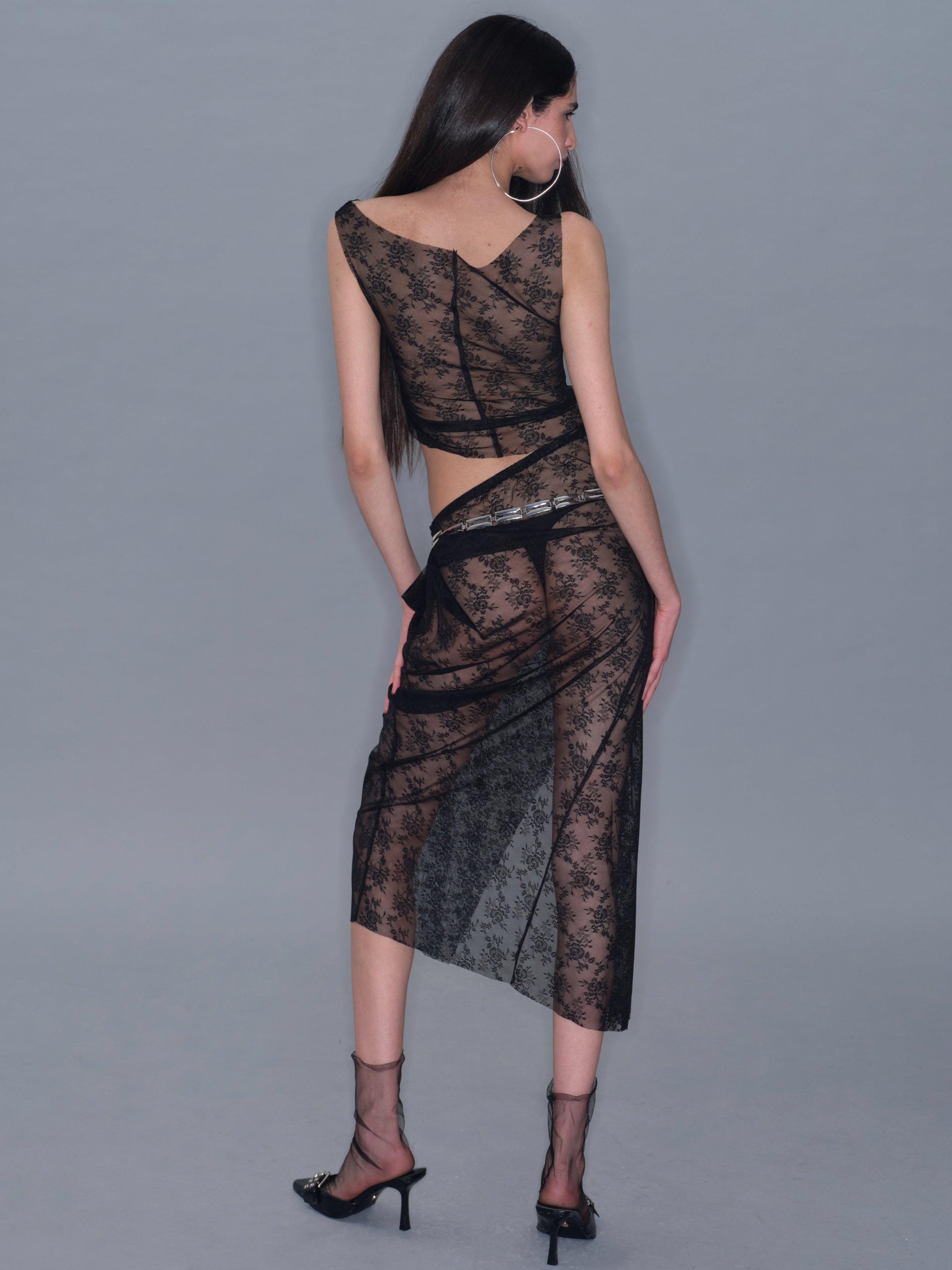 PROD 2025-2 Mesh Side Slit Lace Dress/ Black