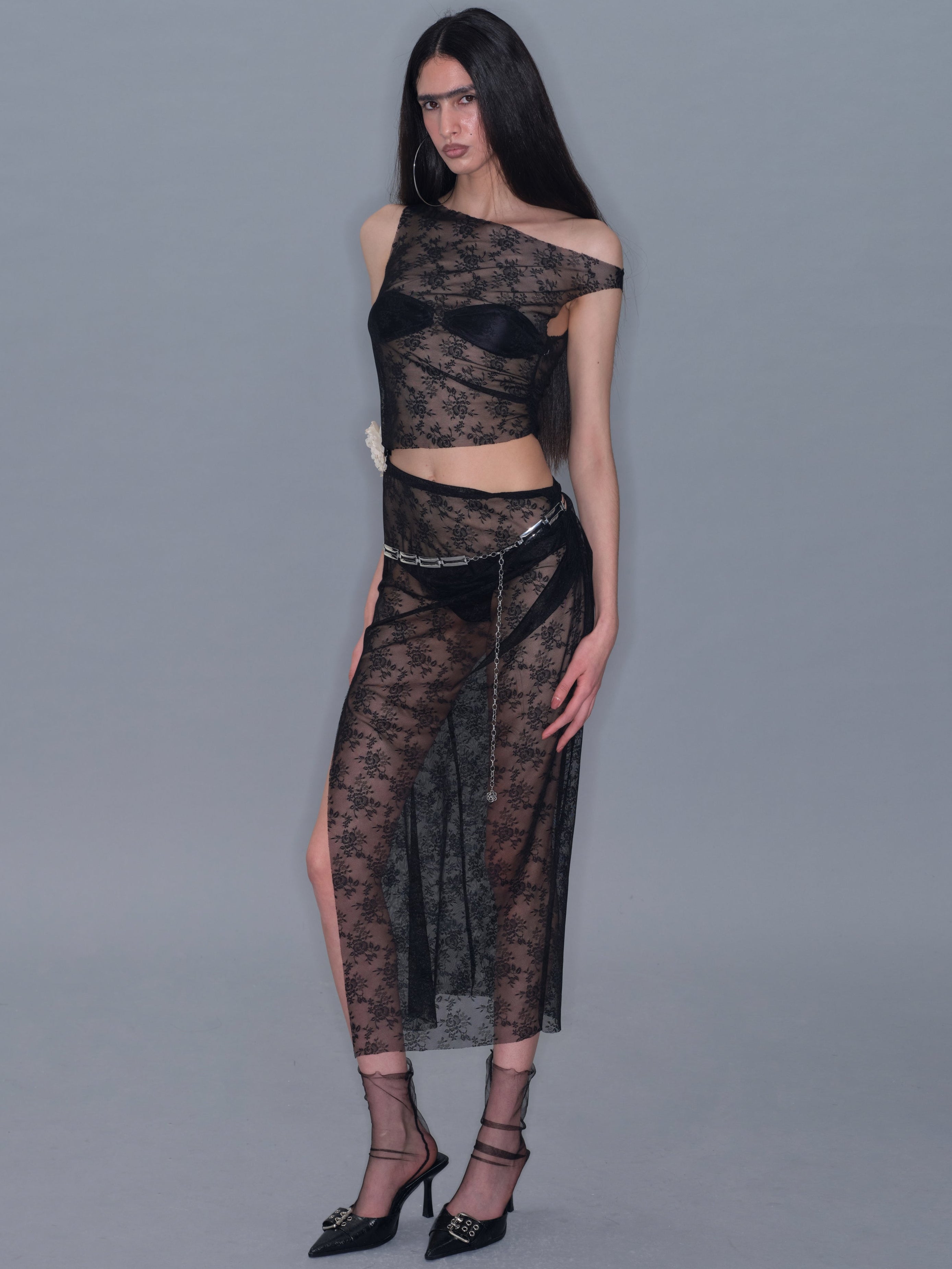 PROD 2025-2 Mesh Side Slit Lace Dress/ Black