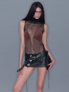 PROD 2025-2 Metal Button Faux Leather Mini Skirt/ Dark Coffee