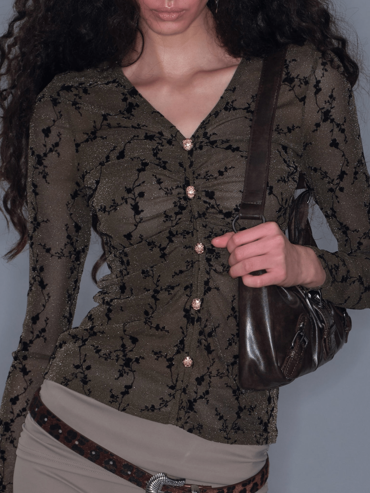  In-stock Printed Mesh Ruched Waist Long-sleeve