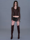 PROD 2025-2 Sheer Ruched Mesh V-Neck Long-sleeve/ Coffee