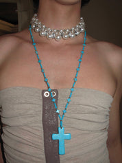 PROD 2PC Set Azure Cross & Faux Pearl Necklace Set