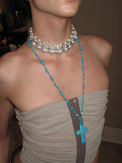 PROD 2PC Set Azure Cross & Faux Pearl Necklace Set