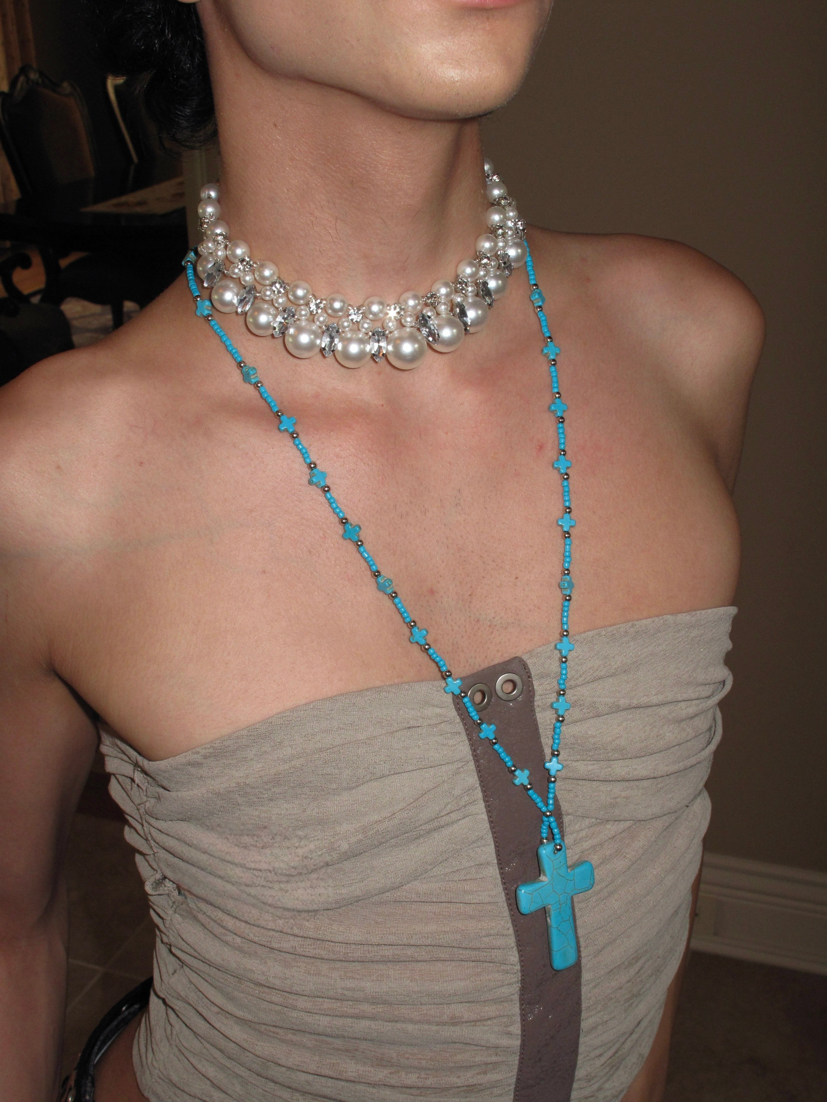 PROD 2PC Set Azure Cross & Faux Pearl Necklace Set