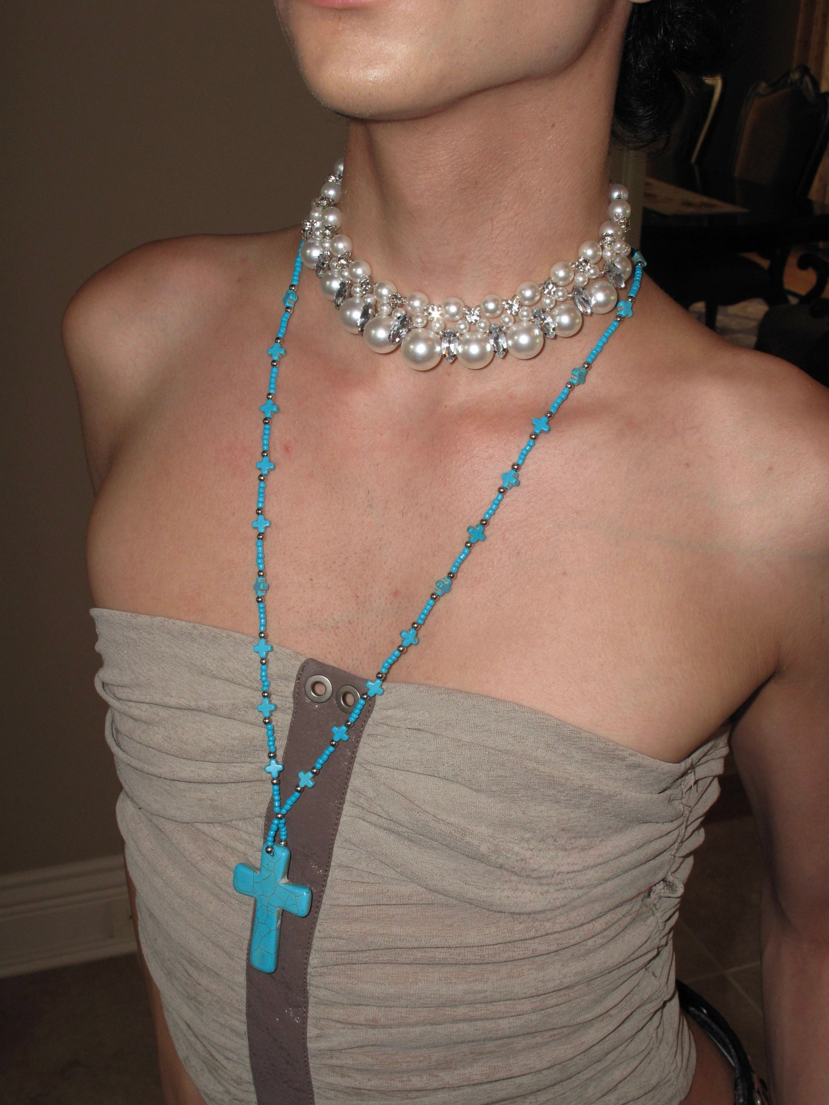 PROD 2PC Set Azure Cross & Faux Pearl Necklace Set