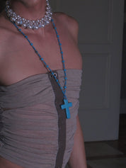 PROD 2PC Set Azure Cross & Faux Pearl Necklace Set