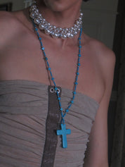 PROD 2PC Set Azure Cross & Faux Pearl Necklace Set