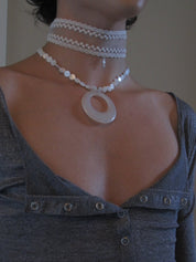PROD 2PC Set Halo Lace & Circle Necklace Set /White