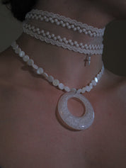 PROD 2PC Set Halo Lace & Circle Necklace Set /White